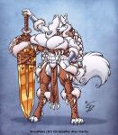  4_toes abs anthro barbarian beauty_mark biceps big_breasts black_lips black_nose blue_eyes breasts canine claws cleavage clothing dire_wolf eltonpot female fluffy_tail hair hindpaw huge_breasts long_hair looking_at_viewer muscle muscles muscular_female navel paws skimpy snowflake_frostfang solo sword toe_claws toes warrior weapon white_fur white_hair wide_hips wolf 