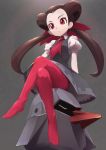 1girl ascot blouse brown_hair dress feet full_body grey_background grey_dress gym_leader hair_ornament highres legs_crossed long_hair nanjin no_shoes nosepass pantyhose pink_legwear pokemon pokemon_(game) pokemon_oras red_eyes sitting tsutsuji_(pokemon) twintails