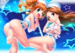  2girls ass bare_shoulders barefoot bikini blush brown_hair from_behind from_below green_eyes hair hairband hat headgear high_res idolmaster long_hair looking_at_viewer looking_back looking_down minase_iori multiple_girls open_mouth orange_hair red_eyes sailor_collar sailor_hat side-tie_bikini smile stuffed_animal stuffed_toy swimsuit takatsuki_yayoi twin_tails umbrella white_bikini zen_(artist) 