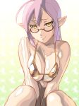 1girl :3 ahoge bare_shoulders bed bikini blush breast_squeeze breasts cleavage glasses green_eyes henrietta_de_tristain high_res huge_breasts long_hair looking_at_viewer open_mouth original pointy_ears purple_hair raised_eyebrow short_hair sitting smile solo swimsuit tomite ueyama_michirou yellow_eyes zero_no_tsukaima