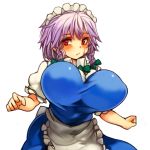 1girl before_and_after braid breasts female huge_breasts izayoi_sakuya looking_at_viewer maid maid_headdress red_eyes sachito silver_hair solo touhou