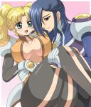  2girls :d androgynous ass big_breasts blonde_hair blue_eyes blue_hair blush bodysuit breasts carrying center_opening couple curvy erect_nipples godannar green_eyes hair hair_over_one_eye huge_ass impossible_clothes impossible_clothing inaho large_breasts legs luna_(godannar) multiple_girls no_bra open_mouth pilot_suit princess_carry red_eyes reverse_trap shadow_(godannar) shinkon_gattai_godannar!! shiny shiny_clothes short_hair skin_tight smile thick_thighs thighs tomboy turtleneck twin_tails twintails yuri 