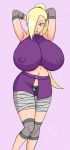 arms_behind_head big_breasts blonde_hair blue_eyes breasts fishnet_legwear hair_covering_one_eye huge_breasts ino_yamanaka midriff naruto nipples_visible_through_clothing purple_shirt smile zahkey