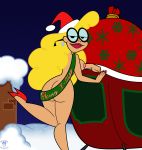 ass bag bigtyme blonde_hair breasts christmas dexter's_laboratory ear_piercing earrings erect_nipples glasses hat high_heels jewelry lipstick long_hair looking_back miss_physics nipples nude piercings red_lipstick santa_hat sleigh snow solo