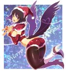  1girl ass big_breasts black_hair blush boots box breasts capelet christmas detached_sleeves english fang fangs female gift gift_box hat heart high_heel_boots high_heels holding kazutani_ninshi large_breasts looking_at_viewer merry_christmas midriff one_eye_closed open_mouth pantyhose present red_eyes ribbon santa_costume santa_hat shameimaru_aya shoes short_hair short_shorts shorts smile solo thighs touhou wadani_hitonori wings wink 