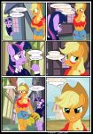 angry applejack_(mlp) blonde_hair breasts cleavage clothed clothing comic cowboy_hat dialogue el-loko english_text equine freckles friendship_is_magic green_eyes hair hat headgear heart horn horse house large_breasts multicolored_hair my_little_pony navel orange_skin outside pony purple_eyes purple_skin shorts skirt speech_bubble standing surprise text trophy twilight_sparkle_(mlp) unicorn