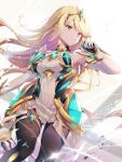  1girl alluring big_breasts black_pantyhose blonde_hair chest_jewel commentary_request core_crystal_(xenoblade) cowboy_shot high_res long_hair mythra pantyhose tiara ui_frara white_background xenoblade_(series) xenoblade_chronicles_2 yellow_eyes 