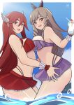  2_girls :d alluring alternate_costume asymmetrical_docking bangs bare_arms bare_midriff bare_thighs big_breasts bikini bikini_skirt breast_press brown_eyes brown_hair cordelia_(fire_emblem) cordelia_(fire_emblem)_(cosplay) cordelia_(summer)_(fire_emblem) cosplay female_only fire_emblem fire_emblem_awakening fire_emblem_heroes food frills hair_between_eyes hair_ornament ice_cream ihsnet long_hair looking_at_viewer medium_breasts midriff multiple_girls navel nintendo ocean official_alternate_costume open_mouth outside partially_submerged purple_bikini purple_swimsuit red_bikini red_eyes red_hair red_swimsuit smile sumia_(fire_emblem) swimsuit thighs very_long_hair 