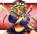  1girl blush breasts curvy erect_nipples female green_hair hat huge_breasts lactation milk milk_spray milk_squirt navel nipples open_mouth red_eyes sachito shiki_eiki short_hair sikieiki_yamaxanadu solo tongue tongue_out touhou 