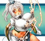  1girl blush breasts female huge_breasts lactation milk milk_spray milk_squirt mononobe_no_futo navel ponytail red_eyes sachito solo touhou white_hair 