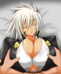  1girl arc_system_works bed blazblue blush bra breasts brown_eyes brown_hair bullet_(blazblue) chirumakuro cum dark_skin ejaculation erect_nipples highres huge_breasts juno_(artist) lying open_mouth paizuri paizuri_under_clothes penis_under_clothes pubic_hair scar sleeping smile soft_breasts tan uncensored underwear white_hair 