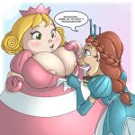 bbw big_breasts blonde_hair blue_eyes breasts cake_(food) cleavage cute dress ear_piercing earrings fat_princess food freckles funny gloves green_eyes hair hellahellastyle jewelry long_hair nipples piercing playstation_all-stars_battle_royale ponytail princess_muffintop princess_plump red_hair shiny shiny_skin short_hair slice_of_cake smile tiara