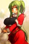 1girl belt big_breasts blush breasts christmas green_hair large_breasts long_hair original ponytail sachito sack santa_costume shirt solo sumi-chan_(sachito) taut_clothes taut_shirt very_long_hair yellow_eyes