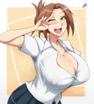  1girl breasts brown_hair cleavage green_eyes high_res highres huge_breasts looking_at_viewer nakatomo open_mouth original original_character smell solo sweat_stain v 