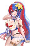  1girl 1girl absurd_res alear_(female)_(fire_emblem) alear_(female)_(seaside_dragon)_(fire_emblem) alear_(fire_emblem) alluring bangle big_breasts bikini blue_bikini bracelet cleavage crossed_bangs fire_emblem fire_emblem_engage fire_emblem_heroes gonzarez heterochromia high_res jewelry multicolored_bikini multicolored_clothes multicolored_hair official_alternate_costume official_alternate_hairstyle ponytail red_bikini red_hair smile split-color_hair swimsuit two-tone_hair white_bikini 