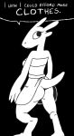 ass embarrassing funny kobold lizard looking_back monochrome no_panties reptile scalie skirt skirt_lift solo