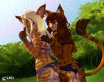 1girl 2016 anthro ass bikini blonde_hair blue_eyes brown_hair clothed clothing digital_media_(artwork) duo feline forest fur furry green_eyes hair lynx mammal orange_fur original original_character sarichow smile spots stripes swimsuit thumbs_up tiger tree