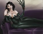 big_breasts black_dress black_gloves black_hair breasts claws cleavage couch erect_nipples fullmetal_alchemist hard_nipples homunculus lipstick long_gloves lust lust_(fullmetal_alchemist) nipples_through_clothes phantomjac preyingphantom purple_eyes purple_lips reclining