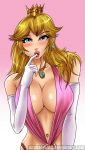 big_breasts blonde_hair blue_eyes breasts cleavage crown gloves hair huge_breasts long_hair navel navel_piercing opera_gloves phantomjac preyingphantom princess_peach sling_bikini sucking_finger super_mario_bros. white_gloves