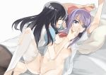 2girls age_difference akasaka_ikuno arms_up bed black_hair bottomless breasts closed_eyes female finger_in_mouth girl_on_top hair light_smile long_hair lying multiple_girls nipples open_clothes open_shirt pillow purple_eyes purple_hair pussy pussy_juice ribbon saki_(series) saki_achiga-hen saliva seita shirt smile suehara_kyouko tears thighhighs torn_clothes torn_thighhighs uncensored white_legwear yuri