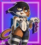  1girl absurd_res anthro bedroom_eyes bikini cat catgirl claws condom digital_media_(artwork) epic_games fanart felid feline felis female female_only fortnite furry half-closed_eyes hat highres jackintaro looking_at_viewer meow_skulls_(fortnite) micro_bikini open_mouth piercing simple_background small_breasts smile stockings yellow_eyes 