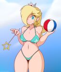  1girl ball bangs beach big_breasts bikini blonde_hair blue_bikini blue_eyes breasts cloud crown cute day earrings eyebrows_visible_through_hair female_only gem hair_over_one_eye holding holding_ball holding_wand human jewelry long_hair looking_at_viewer maishida mario_(series) mini_crown navel nintendo princess_rosalina sky smile super_mario_galaxy swept_bangs swimsuit wand 