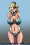 1girl arms_behind_back bikini blonde_hair blue_bikini blue_eyes blush breasts cleavage crown female_only hair hair_over_one_eye huge_breasts human long_hair mario_(series) navel nintendo nipples pasties pose princess_rosalina shiny shiny_skin simple_background standing super_mario_galaxy tahuprime text