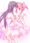 2girls akemi_homura black_hair blue_eyes dress eye_contact hair_ribbon hairband hand_holding holding_hands kaname_madoka long_hair looking_at_another mahou_shoujo_madoka_magica multiple_girls pink_eyes pink_hair ribbon smile twintails white_background yamada_ako yuri