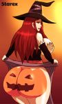 1girl 5tarex artist_name ass big_breasts bodypaint breasts dragon's_crown halloween jack-o'-lantern large_ass looking_back pumpkin pumpkin_butt pumpkin_painted_on_ass red_hair round_ass solo sorceress_(dragon's_crown) witch_hat