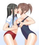 2_girls asuka_sakino bad_id black_hair breast_press breast_squeeze breasts breasts_outside brown_eyes brown_hair buruma eriko_futami french_kiss futami_eriko gym_uniform kari_(pixiv) kimi_kiss kissing long_hair looking_at_viewer multiple_girls nipples one-piece_swimsuit profile sakino_asuka sanagi_torajirou school_swimsuit shirt_lift strap_slip swimsuit symmetrical_docking tongue yuri