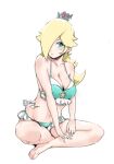  1girl big_breasts bikini bikini_skirt blonde_hair blue_bikini blue_eyes blue_swimsuit breasts crossed_legs crown earrings hair_over_one_eye long_hair mario_(series) nintendo princess_rosalina relaxjon sitting super_mario_galaxy swimsuit swimsuit_skirt 