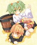 2girls ass blonde_hair blush bow bucket collarbone female green_eyes green_hair hair_bobbles hair_bow hair_ornament kisume kurodani_yamame long_sleeves multiple_girls short_hair smile spanked spanking touhou twintails wide_sleeves yellow_eyes zamudelin