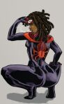 1girl african ass back_view big_ass black_bodysuit bodysuit bottom_heavy dark-skinned_female dark_skin dreadlocks ebony female genderswap genderswap_(mtf) heavy_bottom hero marvel mask miles_morales skin_tight spider-man spider-man_(series) superhero superheroine ultimate_spider-man unknown_artist