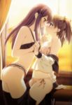  blush bra brown_hair dengeki_moeoh dengeki_moeou eye_contact hair hairpin lingerie panties peko ponytail school_uniform serafuku side-tie_panties strap_slip thighhighs twin_tails yuri 