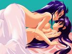 2girls bed blue_hair blush breast_press breasts highres kamishiro_rin komatsu_eiji large_breasts long_hair lying maburaho morisaki_sayumi multiple_girls purple_eyes purple_hair symmetrical_docking topless yuri