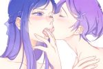  2girls bad_id blue_hair blush closed_eyes couple doki_doki_precure! dokidoki!_precure face female finger_in_mouth french_kiss hair hishikawa_rikka kenzaki_makoto kiss kissing licking long_hair multiple_girls negom nude precure purple_hair saliva short_hair simple_background tears white_background wince yuri 