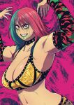  1girl arm_sleeves armpits arms_up asian asuka_(wwe) asuka_(wwe_diva) bandages big_breasts breasts butcherboy choker cleavage curvy facepaint floral_print kanako_urai long_hair looking_at_viewer muscular_female navel pink_background pink_hair sideboob smile teal_hair tiger_print two_tone_hair wrestling wrestling_outfit wwe wwe_diva yellow_eyes 