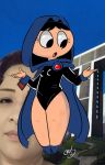  2012 black_eyes black_hair cape cosplay dc dc_comics funny halloween justindurden ms._keane non-nude powerpuff_girls raven_(dc) short_hair solo teen_titans wide_hips 