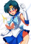 1girl ami_mizuno bishoujo_senshi_sailor_moon blue_eyes blue_hair blue_skirt blush breasts choker earrings elbow_gloves female gloves jewelry magical_girl mizuno_ami nipples sailor_mercury sailor_moon sailor_senshi short_hair skirt solo sunahara_wataru tiara torn_clothes wardrobe_malfunction white_gloves