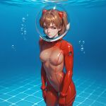 1girl ai_generated asuka_langley_souryuu bodysuit breasts bubble clothed diving_helmet female helmet latex latex_bodysuit medium_breasts navel neon_genesis_evangelion nipples no_bra non-web_source plugsuit pool see-through see-through_bodysuit solo underwater water