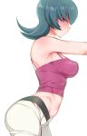 00s 1girl 1girl alluring arched_back ass bare_shoulders big_breasts blue_hair blush covered_erect_nipples creatures_(company) from_side game_freak gym_leader hizuki_akira lips midriff navel nintendo pants pokemon pokemon_hgss profile red_eyes sabrina sabrina_(pokemon) simple_background white_background