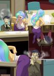 1boy 1girl ass bent_over bracelet clothed comic cranky_doodle_donkey_(mlp) desk equestria_girls female friendship_is_magic indoors long_hair male multicolored_hair my_little_pony pants princess_celestia princess_celestia_(mlp) principal principal_celestia rambon7 school short_hair standing teacher