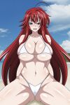  1girl alluring beach big_breasts bikini blue_eyes blue_sky cleavage high_school_dxd ocean on_knees pin_up red_hair rias_gremory yxyyxy 