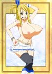 blonde_hair breasts fairy_tail female hand_behind_head hand_on_head huge_breasts key lucy_heartfilia mouth_hold nipples smile sunahara_wataru topless