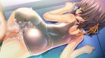 16:9 ass blush brown_hair buttjob cum cum_explosion cum_on_ass cum_on_body cum_on_clothes cum_on_lower_body ejaculation girl_on_bottom huge_ass lying open_mouth overflow penis penis_under_clothes rubbing sukumizu_tabehoudai swimsuit twin_tails wet