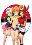 big_breasts blush breasts dawn female flat_chest girl_sandwich haruka_(pokemon) hikari_(pokemon) karakishi_youhei-dan kasumi_(pokemon) large_breasts may misty multiple_girls open_clothes open_shorts panties panties_around_leg panties_around_one_leg pokemon pussy sandwiched short_shorts shorts smile sunahara_wataru unaligned_breasts uncensored underwear unzipped