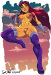 1girl alien alien_girl breasts dc_comics erection female female_alien female_only green_eyes hairless_pussy long_hair looking_at_viewer naked_stockings no_bra no_panties scaitblue starfire stockings tagme teen_titans