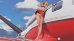 1girl barefoot clothed female female_human female_only legs panties pilot pin-up plane red_skirt skirt skirt_lift standing underwear