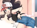 1girl :o ass baseball_cap bent_over blue_eyes blush breasts brown_hair chro_(rulurullu) denim denim_shorts from_behind game_freak hat hilda_(pokemon) humans_of_pokemon long_hair looking_at_viewer looking_back nintendo open_mouth panties pink_panties pokemon pokemon_(game) pokemon_black_and_white pokemon_bw ponytail protagonist_(pokemon) rulurullu shirt short_shorts shorts shorts_pull sleeveless sleeveless_shirt solo touko_(pokemon) underwear undressing very_long_hair vest white_(pokemon)