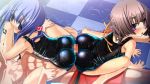 16:9 2_girls abs ass blue_hair blush brown_hair buttjob double_buttjob girl_on_top huge_ass looking_back lying multiple_girls open_mouth penis pink_eyes rubbing sukumizu_tabehoudai swimsuit twin_tails wet